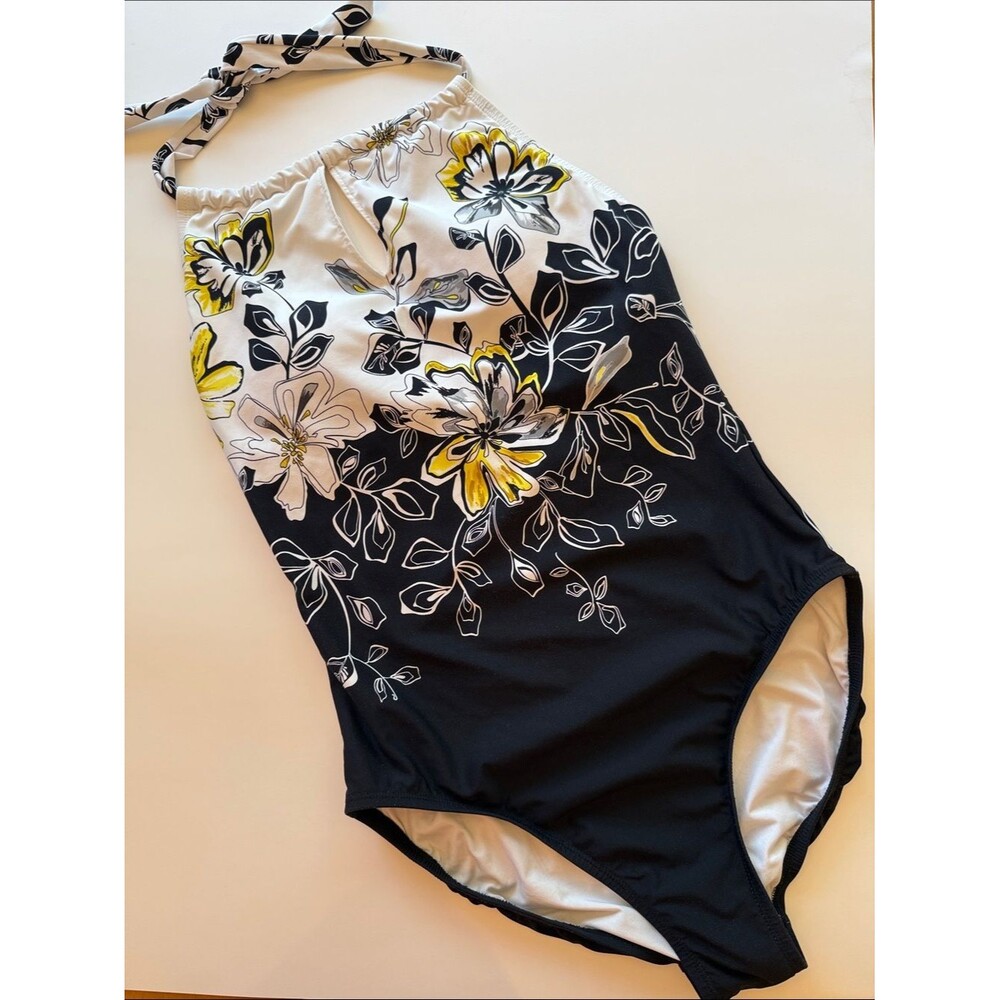 Jantzen Black White Floral One-Piece Halter Swimsuit Yellow Accents Size 10